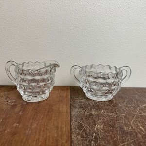 Vintage Fostoria American Clear‎ Glass Creamer and Sugar Bowl Set Cubist Pattern
